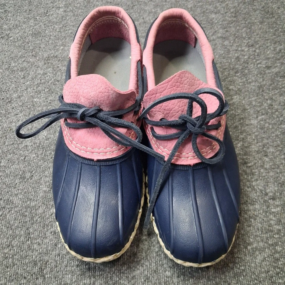 LL Bean Boots Rubber Moc Navy Blue Pink Leather Duck Shoes Womens size 9 M
